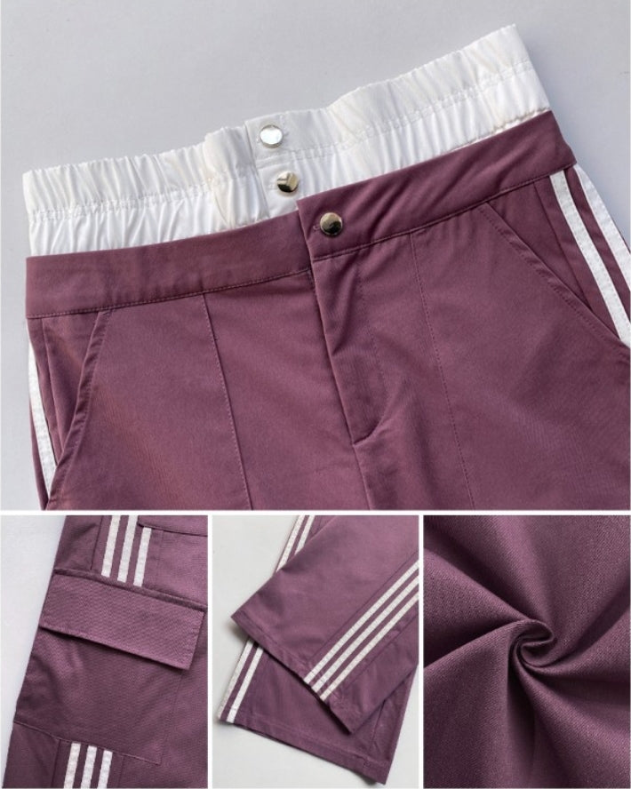 Premièrement : Ce Pantalon cargo taille haute extensible froncé à bandes rayées et poches Femme.