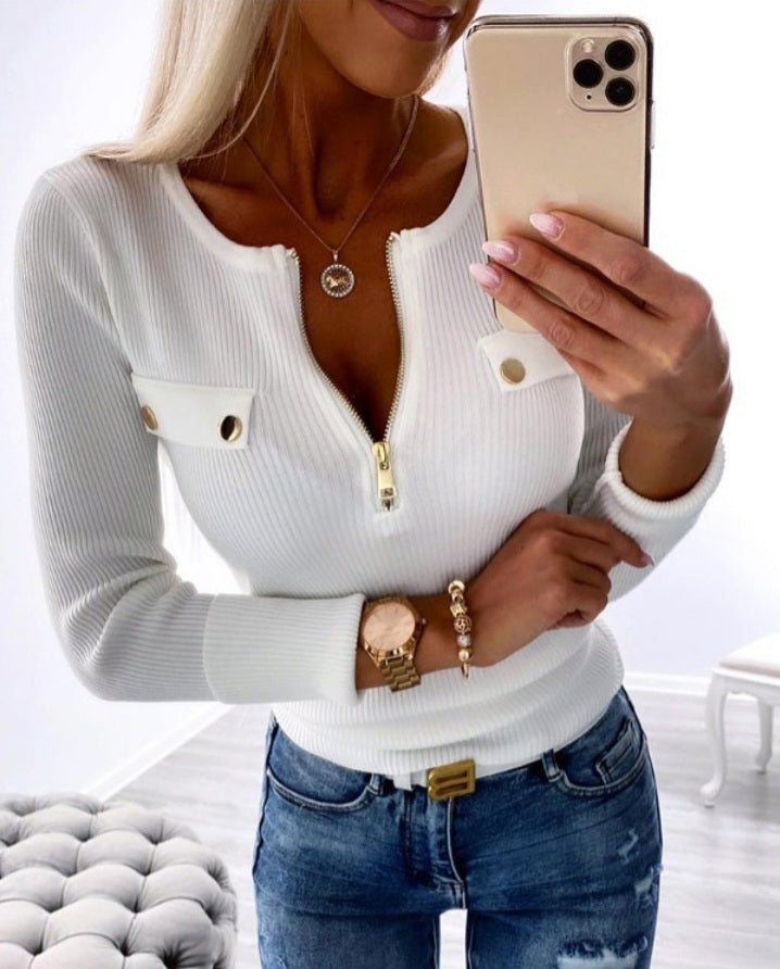 Pull en tricot à col rond et fermeture éclair