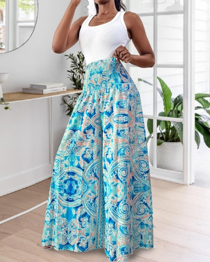 Premièrement : Le Pantalon larges , taille haute, à imprimé tropical femme, est la pièce parfaite pour insuffler une touche d’exotisme à votre garde-robe.