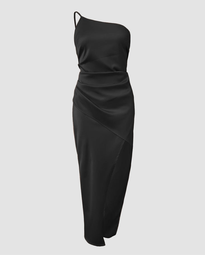 Premièrement : Cette Robe longue décontractée à une épaule sans manches , Froncée et fendue sur le côté Femme.
