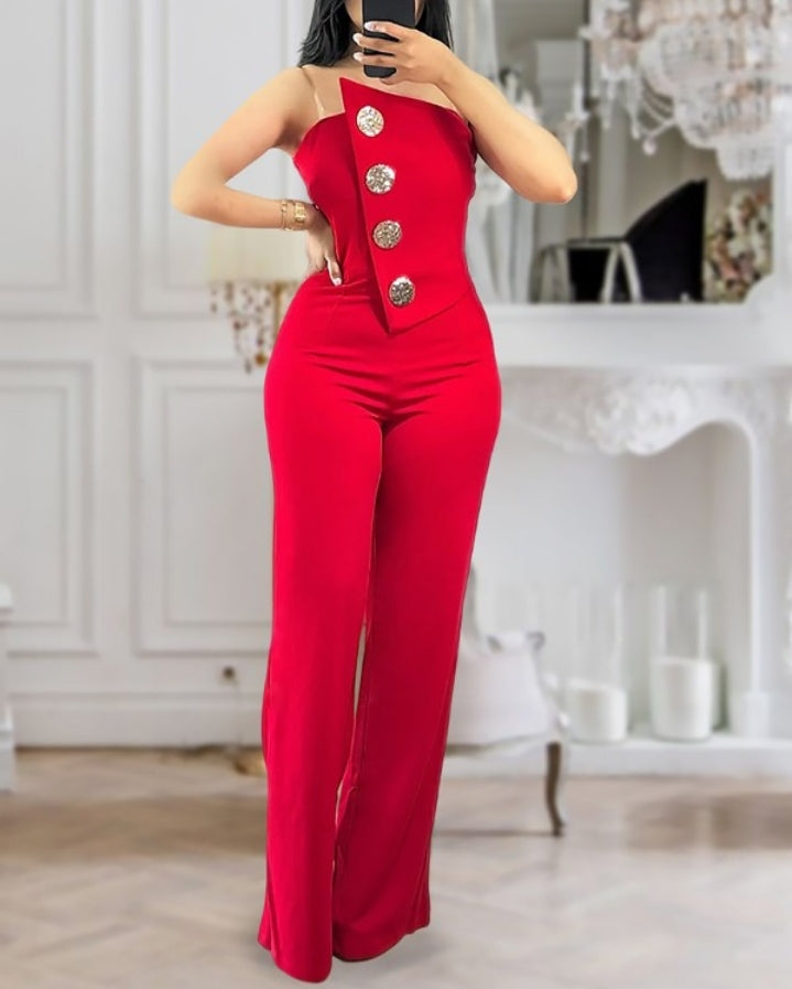 Combinaison bandeau asymétrique sans bretelles avec boutons métalliques et salopette décontractée Femme