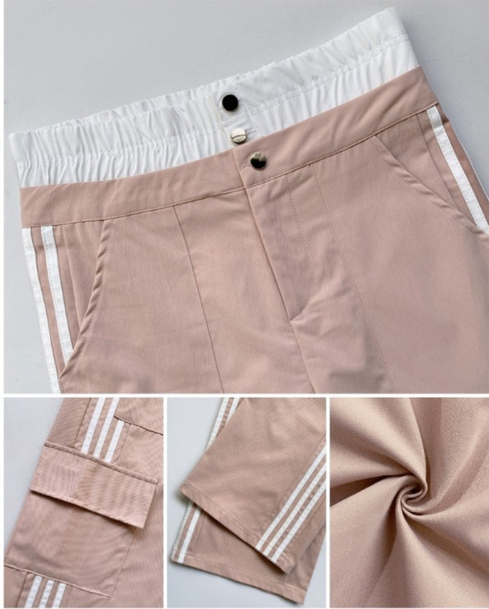 Premièrement : Ce Pantalon cargo taille haute extensible froncé à bandes rayées et poches Femme.