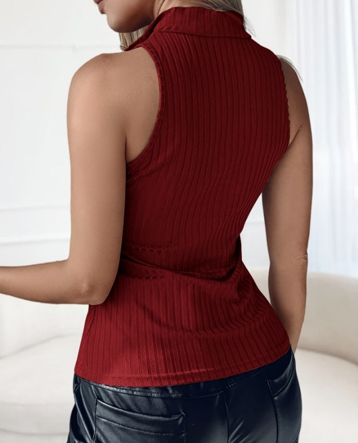 Premièrement : Ce Débardeur décontracté côtelé à col rond et coupe ajustée avec fermeture éclair et bretelles épaisses femme.