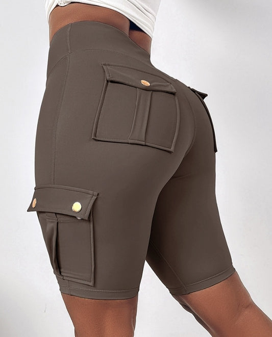 Premièrement : Ce Short de sport pour le contrôle du ventre et le levage des fesses, taille haute , avec poche à rabat , pour entraînement , bermuda cargo , pour la course à pied femme.