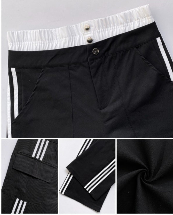 Premièrement : Ce Pantalon cargo taille haute extensible froncé à bandes rayées et poches Femme.