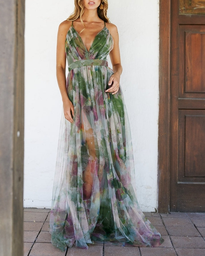 Premièrement : Cette Robe longues à imprimé floral , décolleté plongeant en V , bretelles spaghetti, élégante, taille haute , fente en maille Femme.