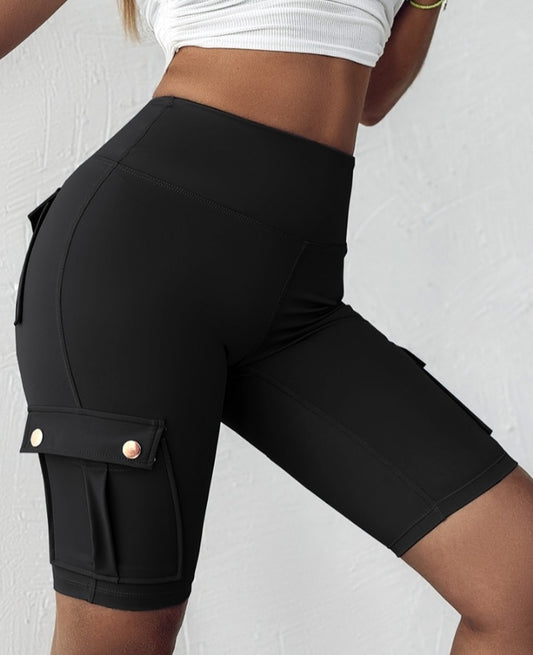 Premièrement : Ce Short de sport pour le contrôle du ventre et le levage des fesses, taille haute , avec poche à rabat , pour entraînement , bermuda cargo , pour la course à pied femme.