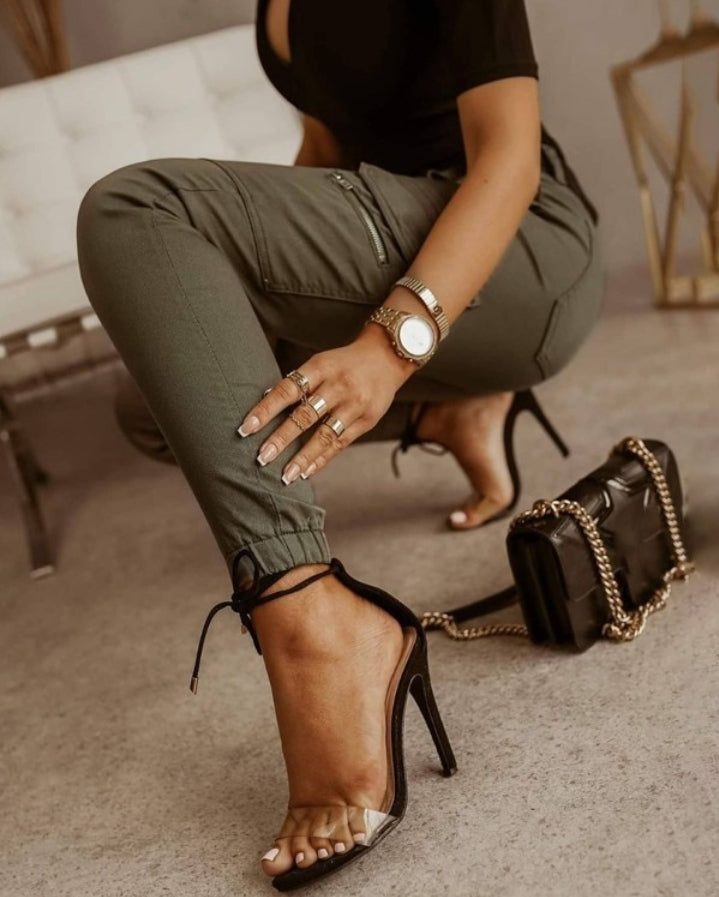 Premièrement : Ce Pantalon décontracté à poches zippée sans ceinture Femme .