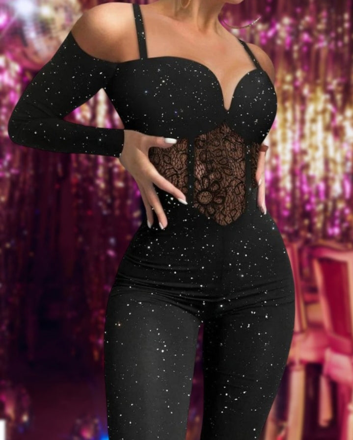 Premièrement : La Combinaison corset en dentelle contrastée à épaules dénudées scintillantes Femme.