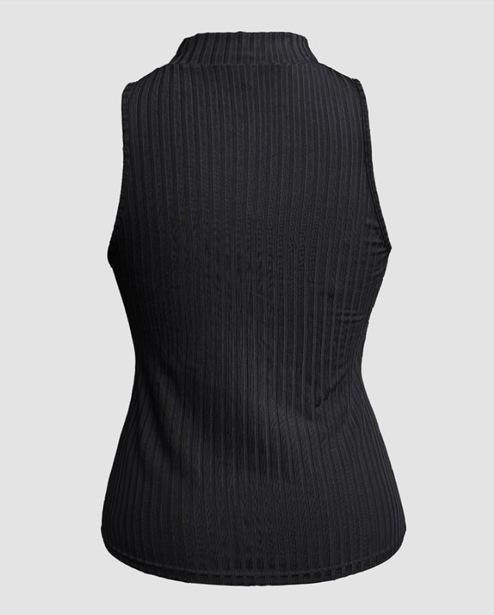 Premièrement : Ce Débardeur décontracté côtelé à col rond et coupe ajustée avec fermeture éclair et bretelles épaisses femme.