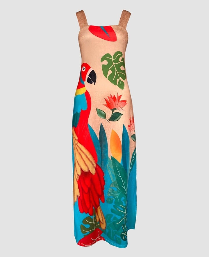 Premièrement : Cette Robe longue, fendue à bretelles épaisses et imprimé floral , coupe ajustée et décontractée , idéale pour les vacances .