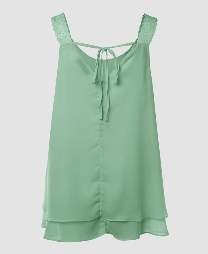 Premièrement : Ce Débardeur à col en U et bretelles épaisses avec détails en dentelle contrastée femme.