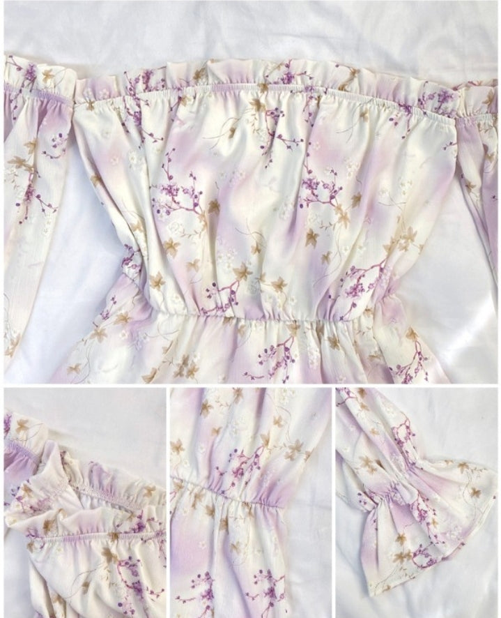 Premièrement : La Combinaison à imprimé floral, épaules dénudées,fente haute, manches longues, ourlet à volants, barboteuses romantiques femme.