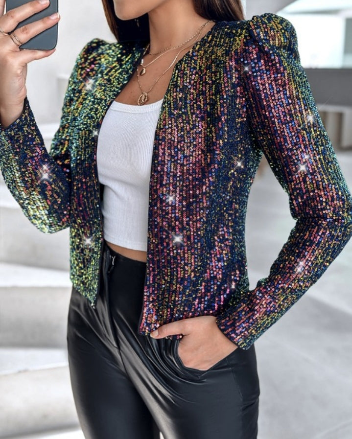 Premièrement : Brillez avec ce Manteau blazer à paillettes scintillantes, ouvert sur le devant , manches bouffantes femme.