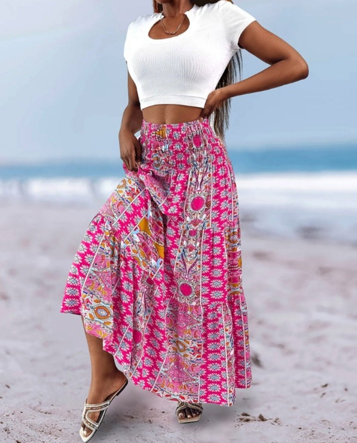Premièrement : Cette Jupe longues plissées bohème d'été Jupes maxi fluides taille haute en ligne A Femme.