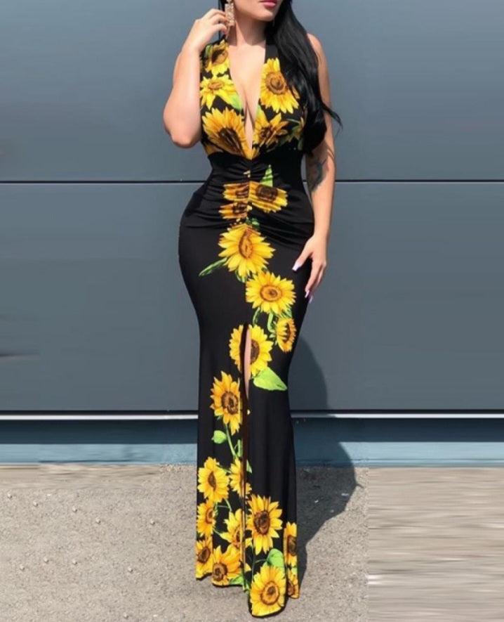 Premièrement : Cette Robe de soirée à fente haute et imprimé tournesol Femme.