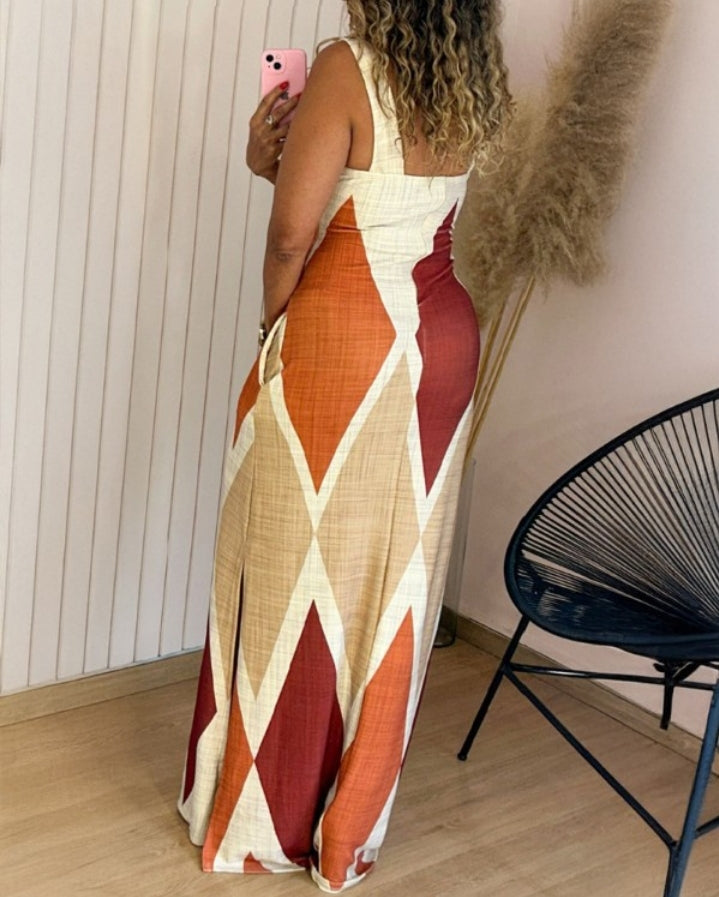 Premièrement : Cette Robe longue décontractée à.bretelles épaisses et imprimé géométrique, coupe ajustée, et fendue , avec poches Femme.
