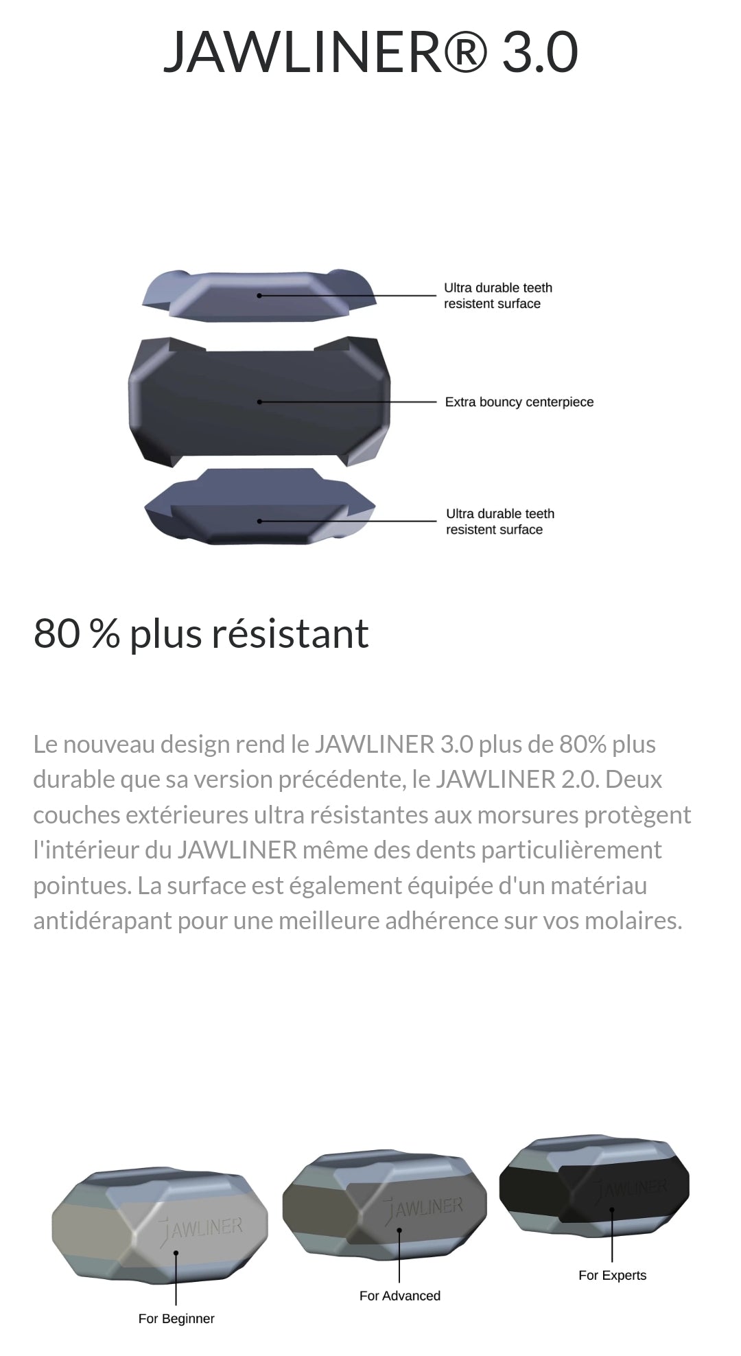 Le JAWLINER® 3.0 est spécialement conçu pour renforcer et sculpter les muscles de votre mâchoire grâce à des exercices ciblés et efficaces.