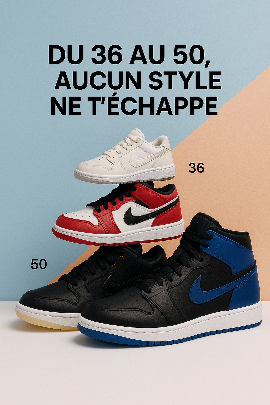 Les baskets grande taille offrent le même style iconique que le modèle original, tout en répondant  aux besoins des pointures supérieures.