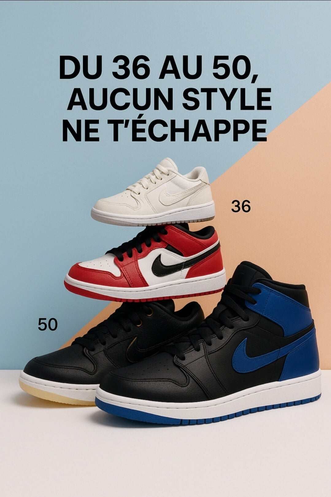 Les baskets grande taille offrent le même style iconique que le modèle original, tout en répondant  aux besoins des pointures supérieures.