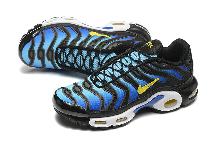 Découvrez les baskets Nike Air Max Plus TN bleu, noir et jaune pour un style unique! Profitez de l'essence légendaire du Tuned Air. ✨