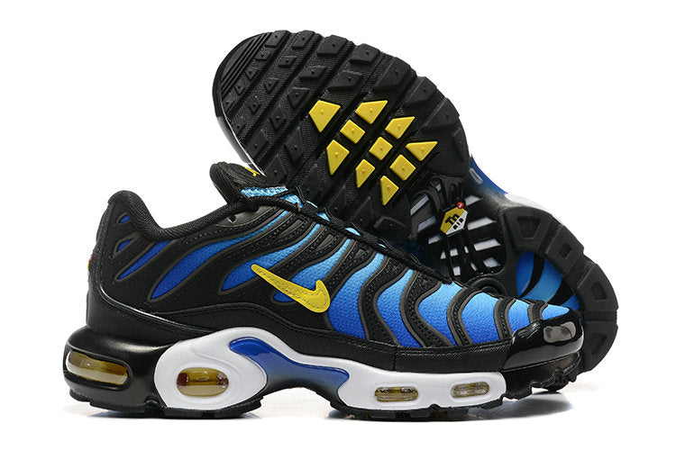 Découvrez les baskets Nike Air Max Plus TN bleu, noir et jaune pour un style unique! Profitez de l'essence légendaire du Tuned Air. ✨