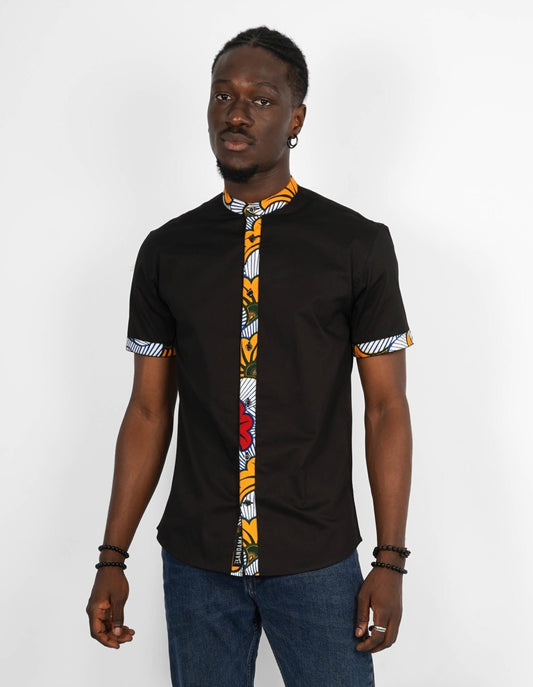 Chemise Mao noire manches courtes Abidjan Wax Bandama