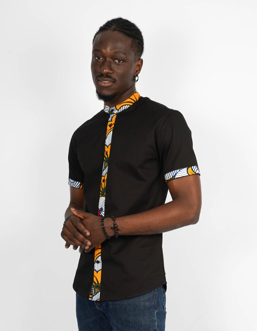 Chemise Mao noire manches courtes Abidjan Wax Bandama