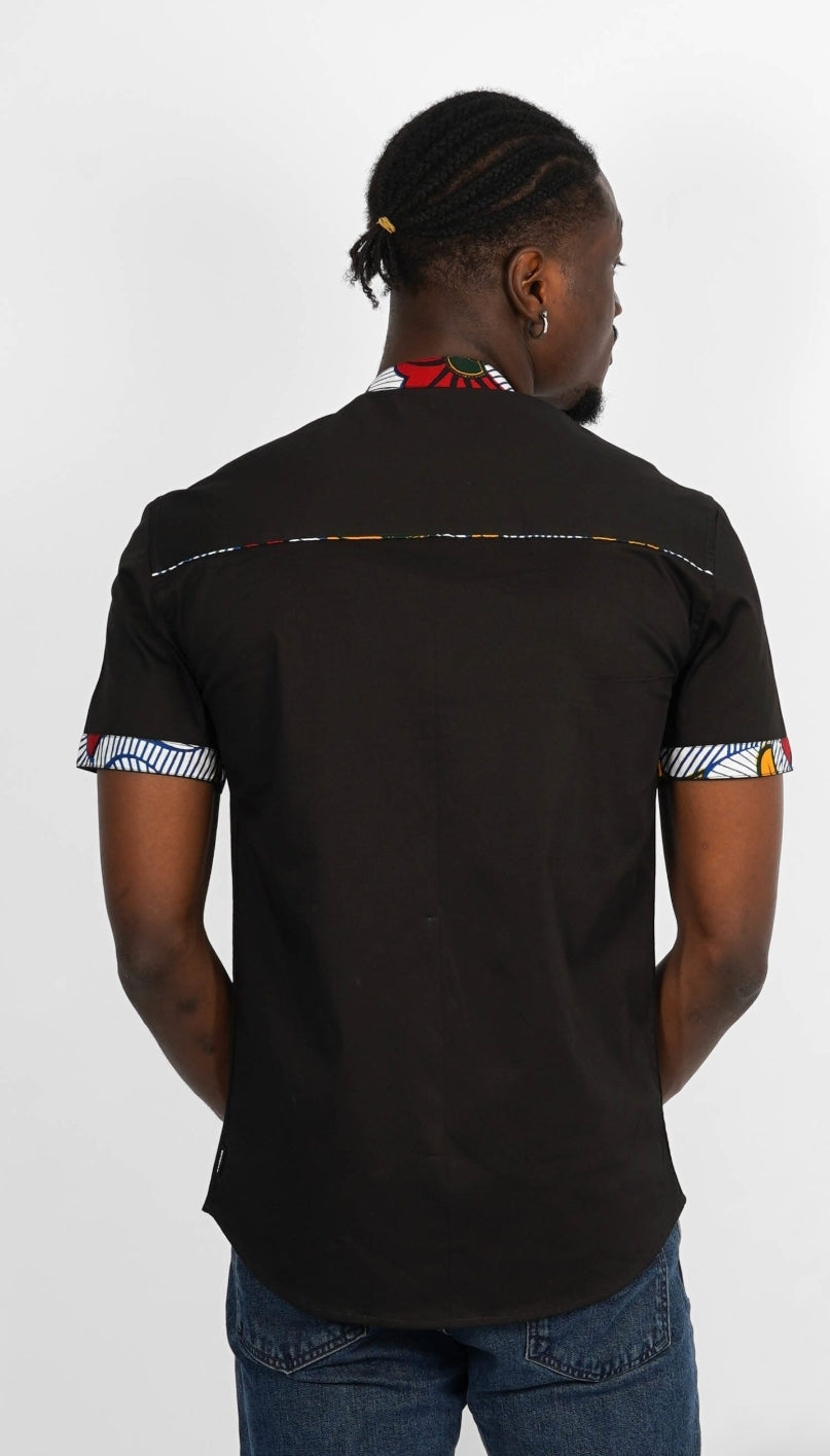 Chemise Mao noire manches courtes Abidjan Wax Bandama