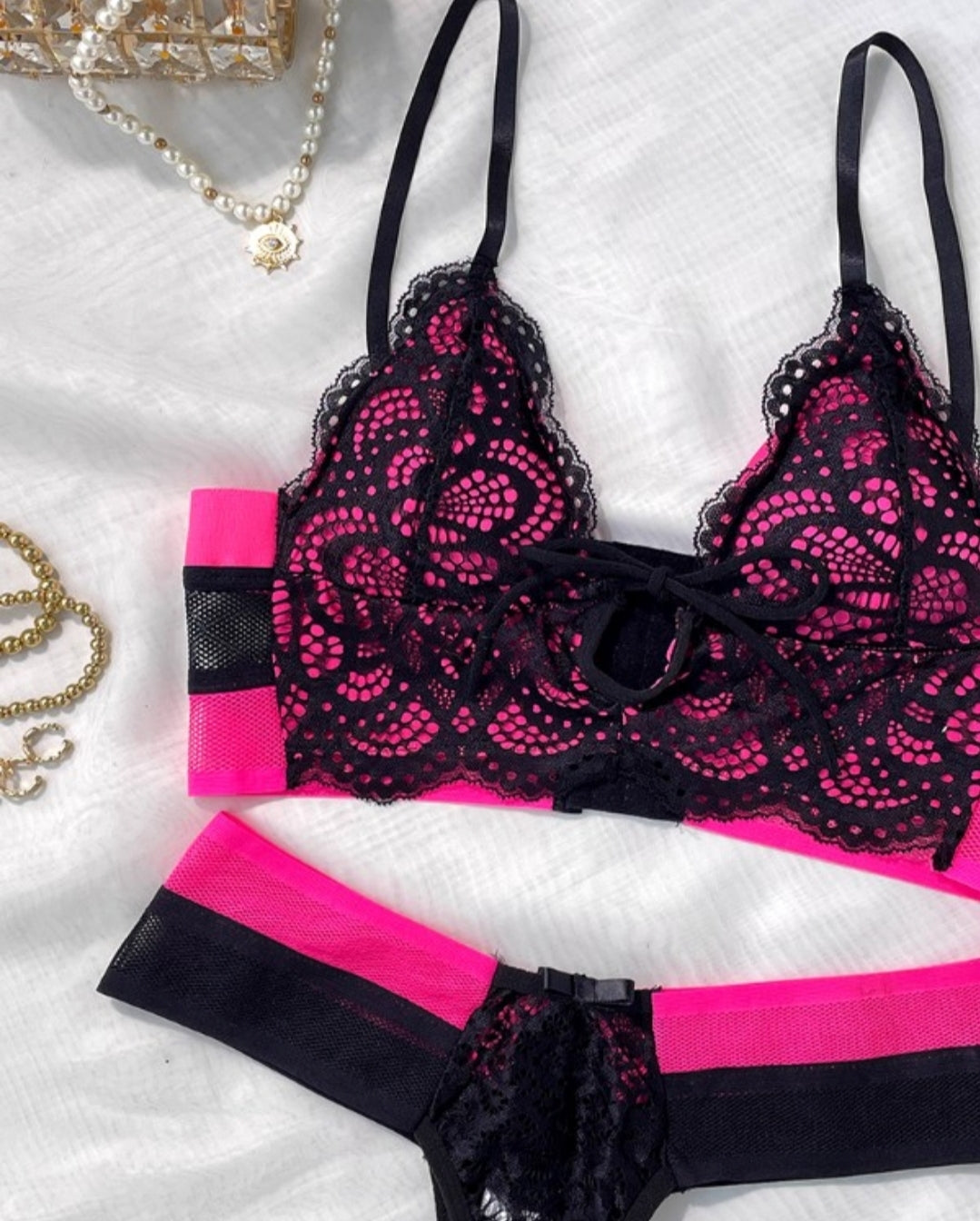 Ensemble de lingerie en dentelle à détail noué colorblock