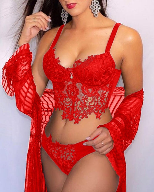 Ensemble de lingerie à bretelles spaghetti en dentelle guipure