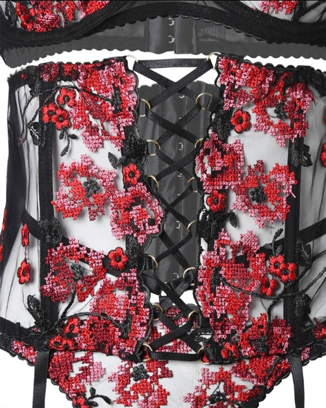 Ensemble de lingerie jarretière en dentelle brodée florale 3PCS