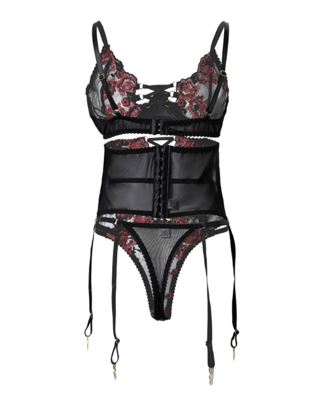 Ensemble de lingerie jarretière en dentelle brodée florale 3PCS