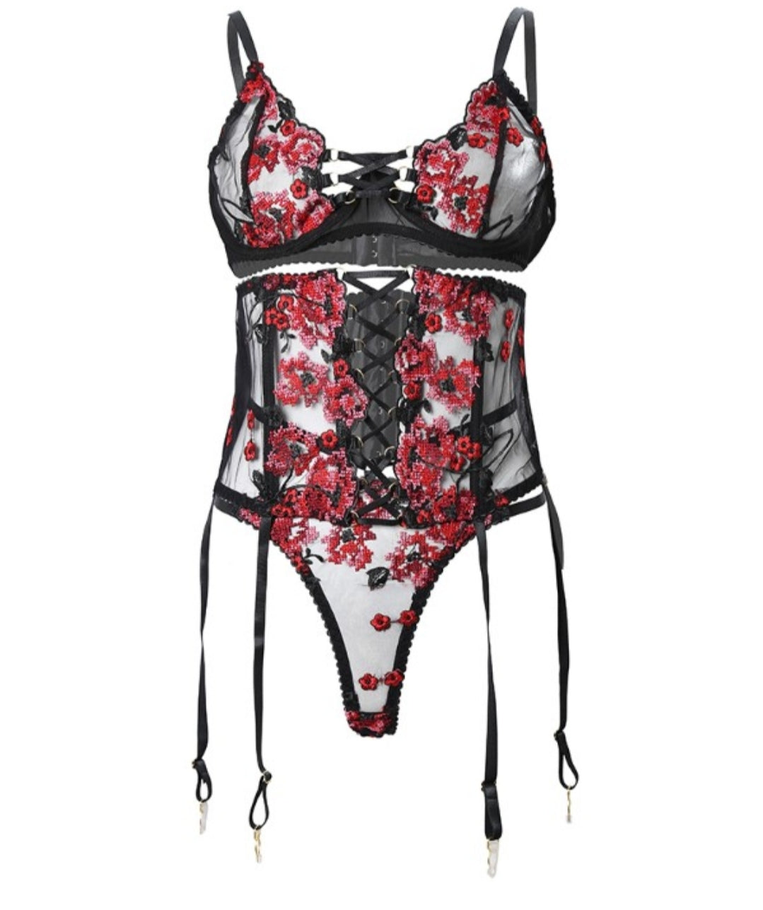 Ensemble de lingerie jarretière en dentelle brodée florale 3PCS