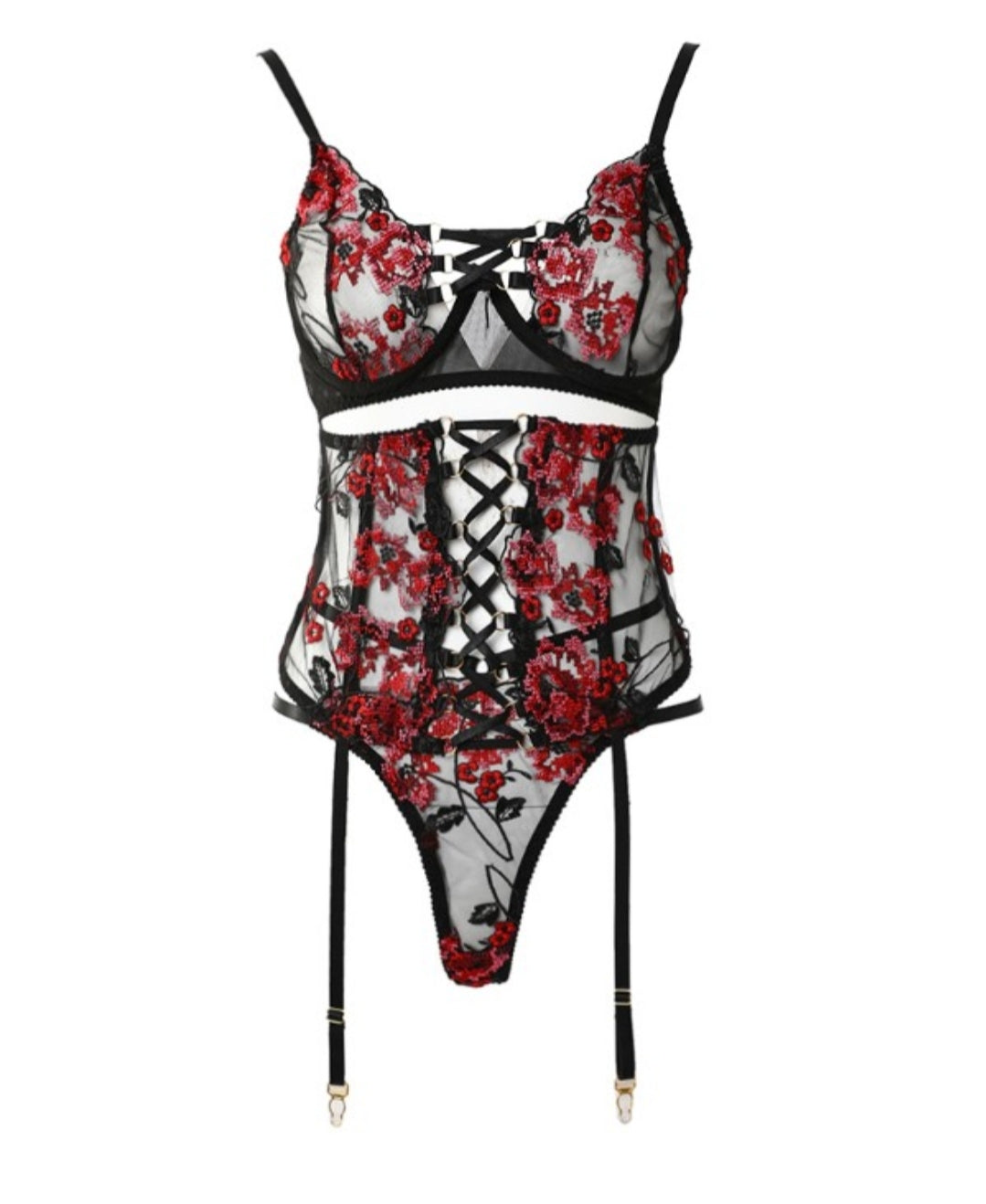 Ensemble de lingerie jarretière en dentelle brodée florale 3PCS
