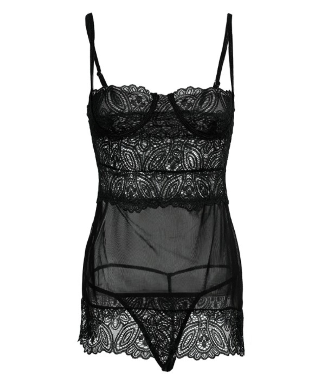 Nuisette en maille transparente au crochet avec bretelles spaghetti et culotte