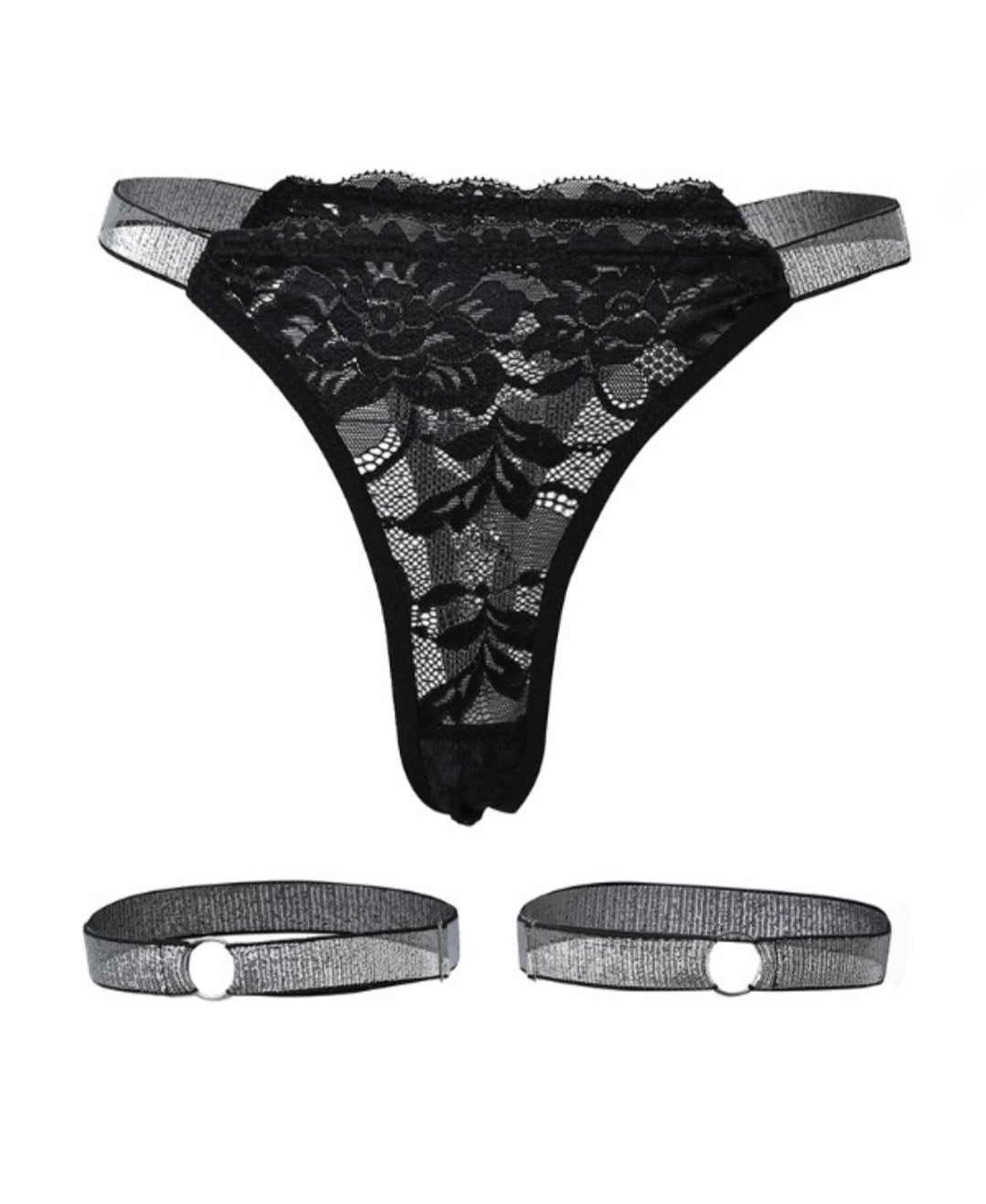 Culotte string en dentelle avec écusson et anneaux de jambe
