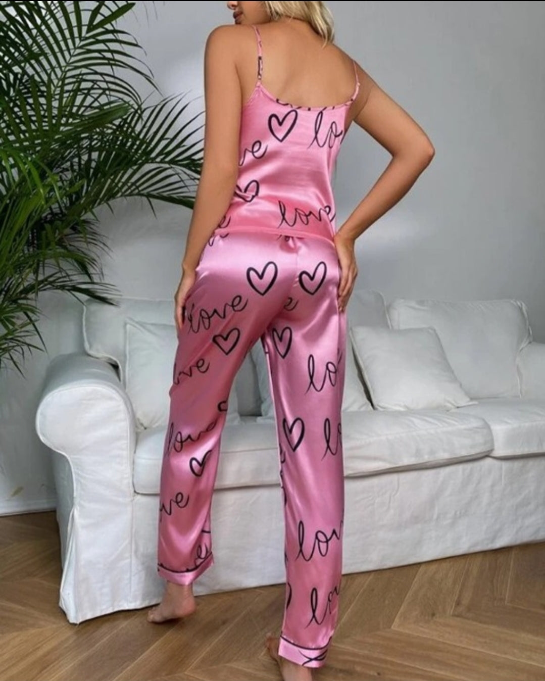 Nuisette en ensemble débardeur en satin à imprimé cœur d'amour