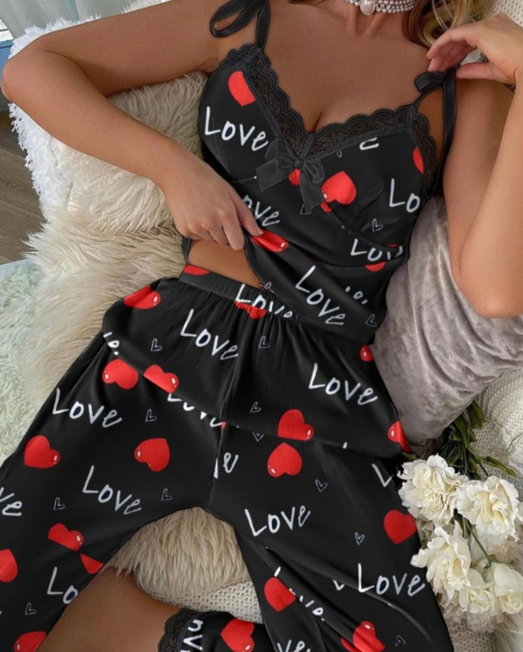 Nuisette ensemble caraco  en dentelle contrastée à imprimé cœur love