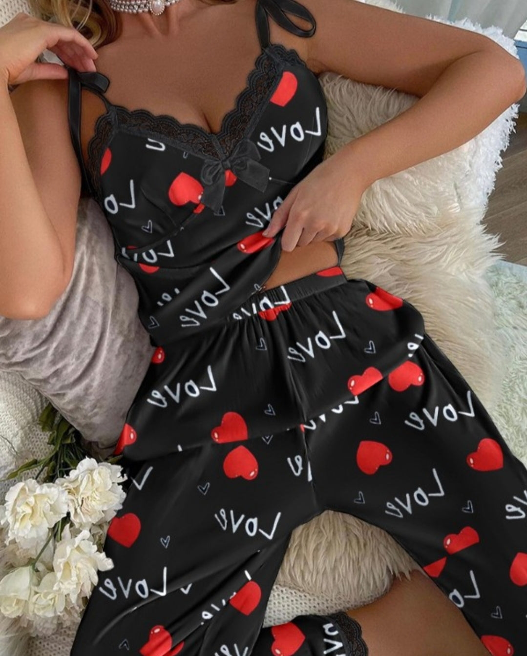 Nuisette ensemble caraco  en dentelle contrastée à imprimé cœur love