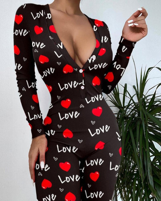 Nuisette ensemble caraco en dentelle contrastée à imprimé cœur  love