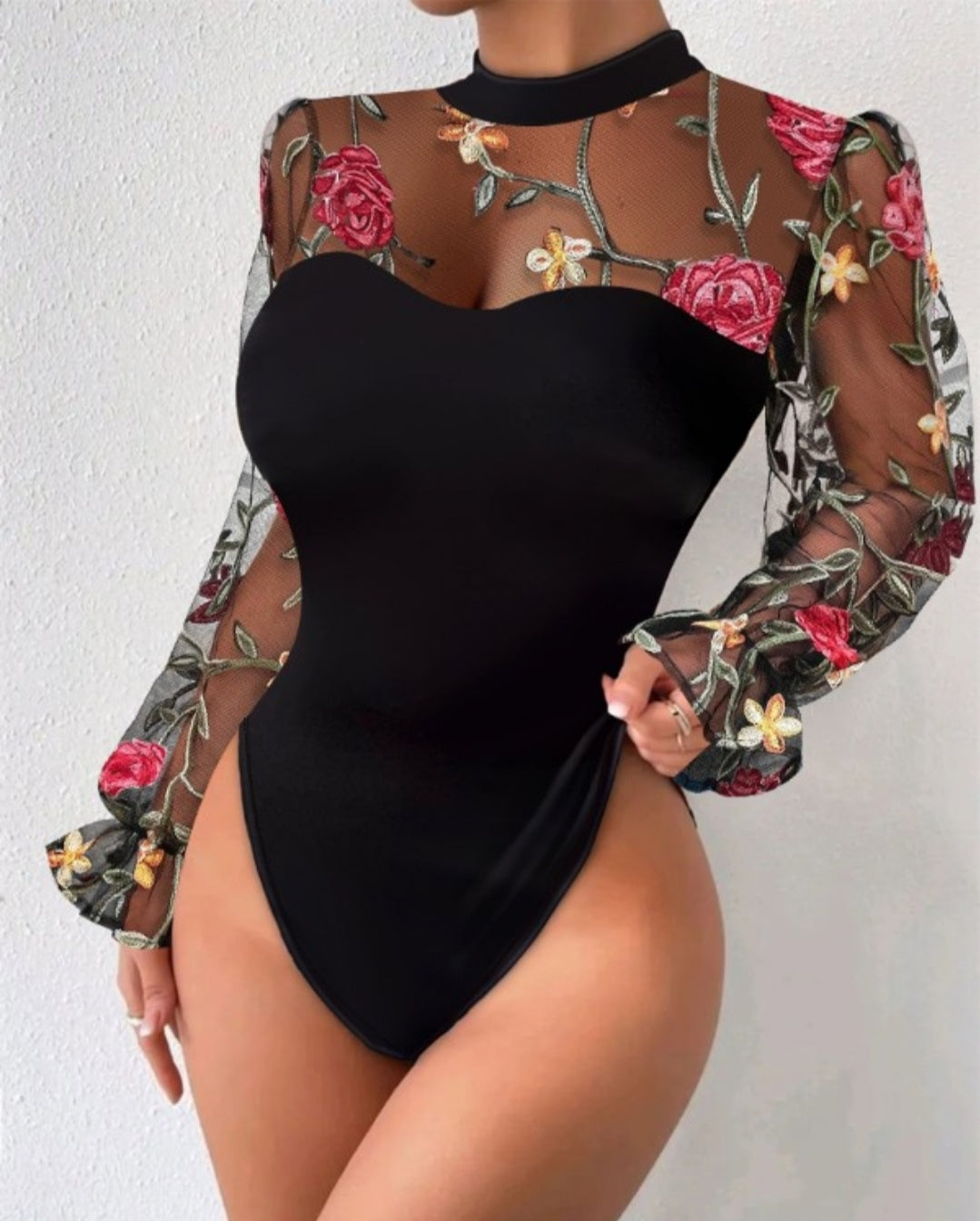 Body en maille transparente à broderie Florale