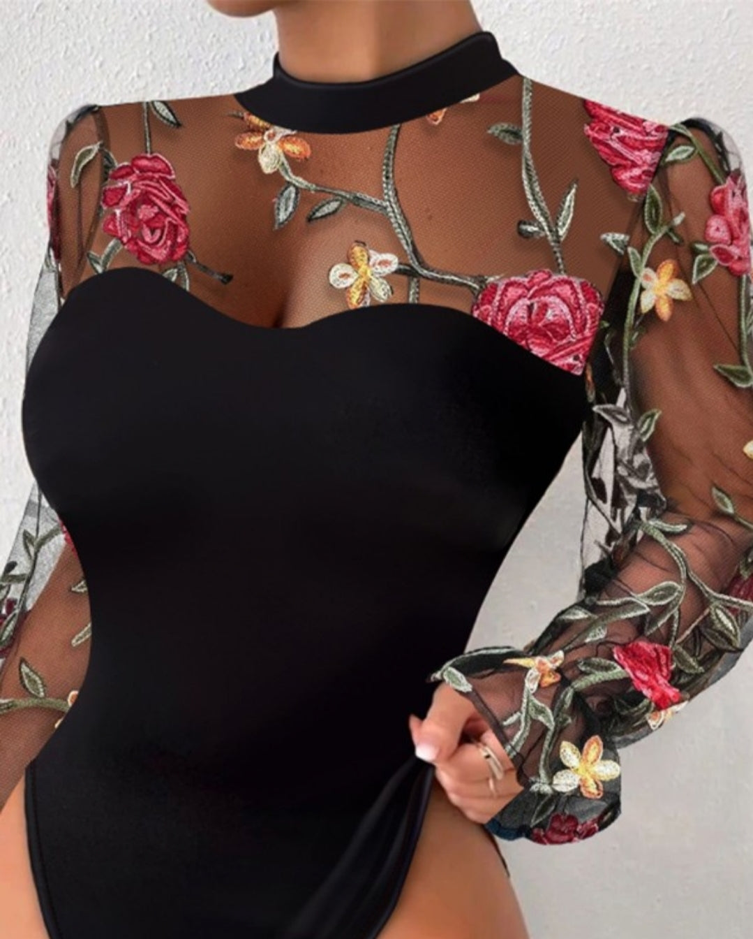 Body en maille transparente à broderie Florale