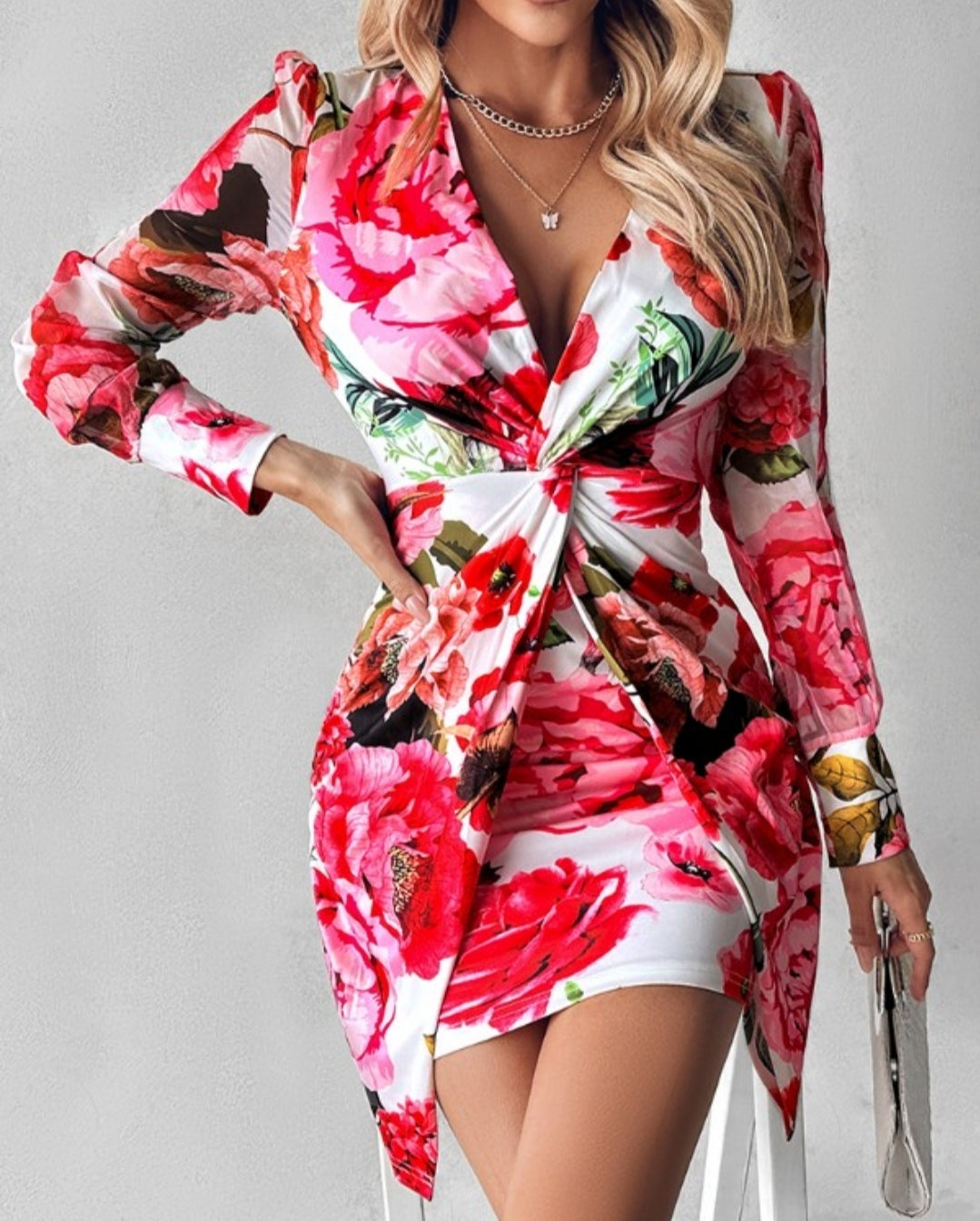 Robe de travail à imprimé floral torsadé à manches lanterne en maille