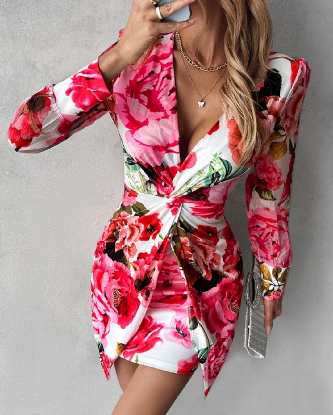 Robe de travail à imprimé floral torsadé à manches lanterne en maille