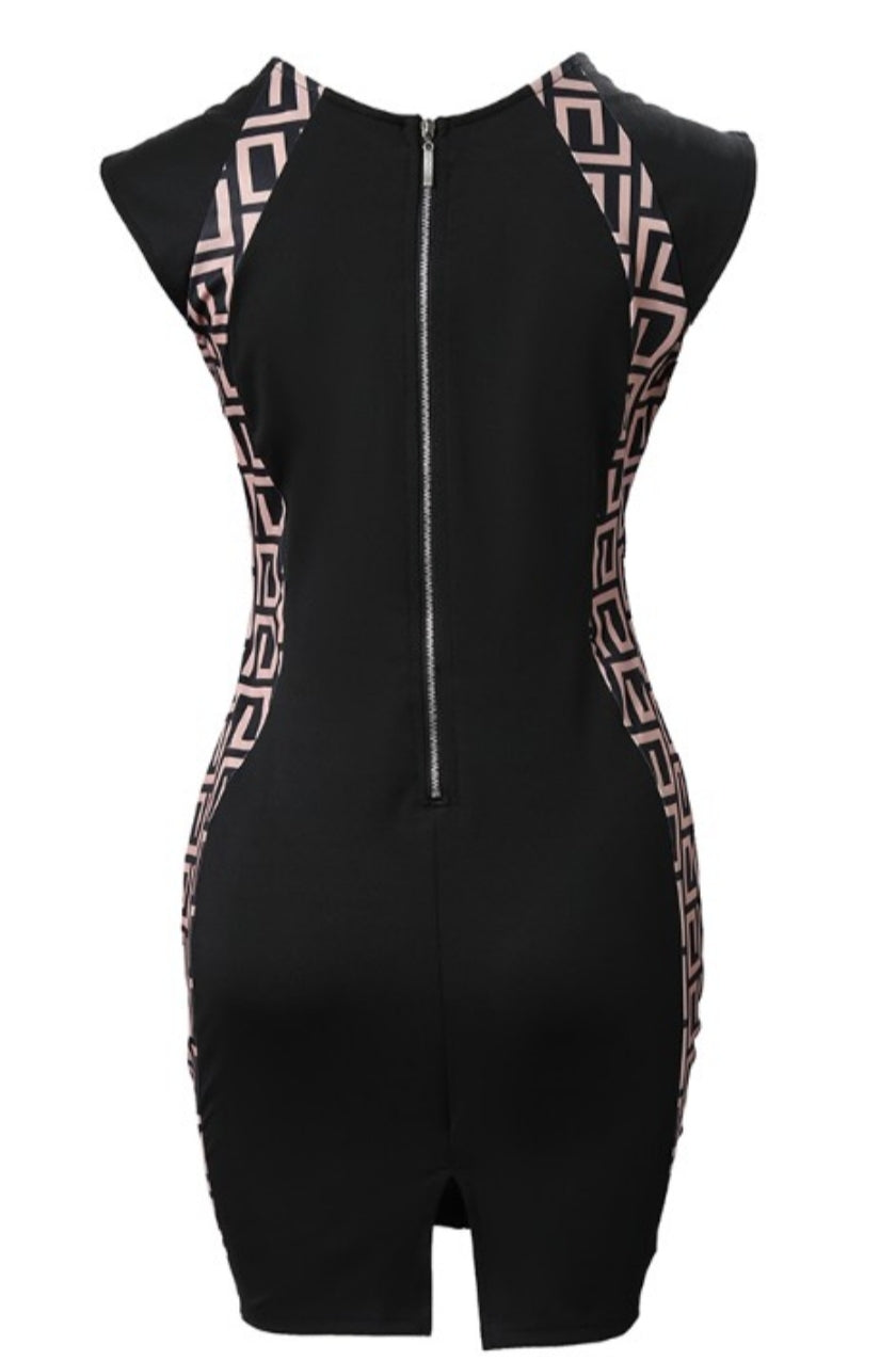 Robe de travail moulante sans manches à imprimé géométrique et col rond