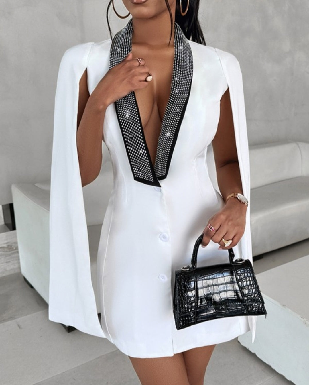 Robe de travail et manteau Blazer en strass avec cape et colorblock