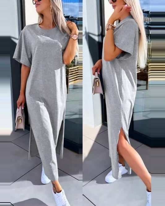 Casual short sleeve round neck slit dress