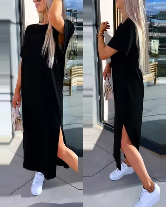 Casual short sleeve round neck slit dress