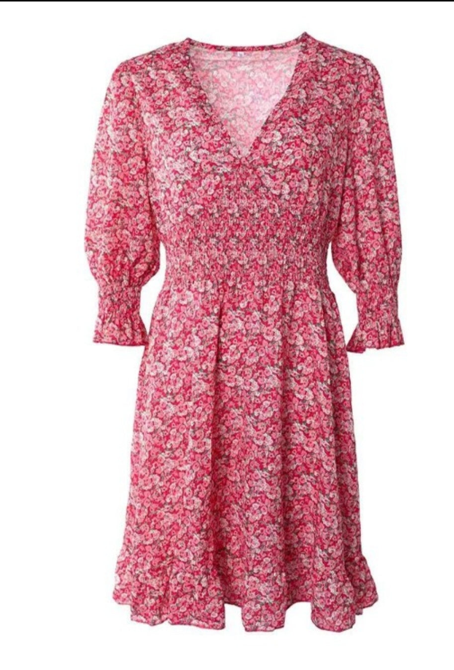 Robe décontractée rose Froncée  à petites fleurs et manches lanterne volants